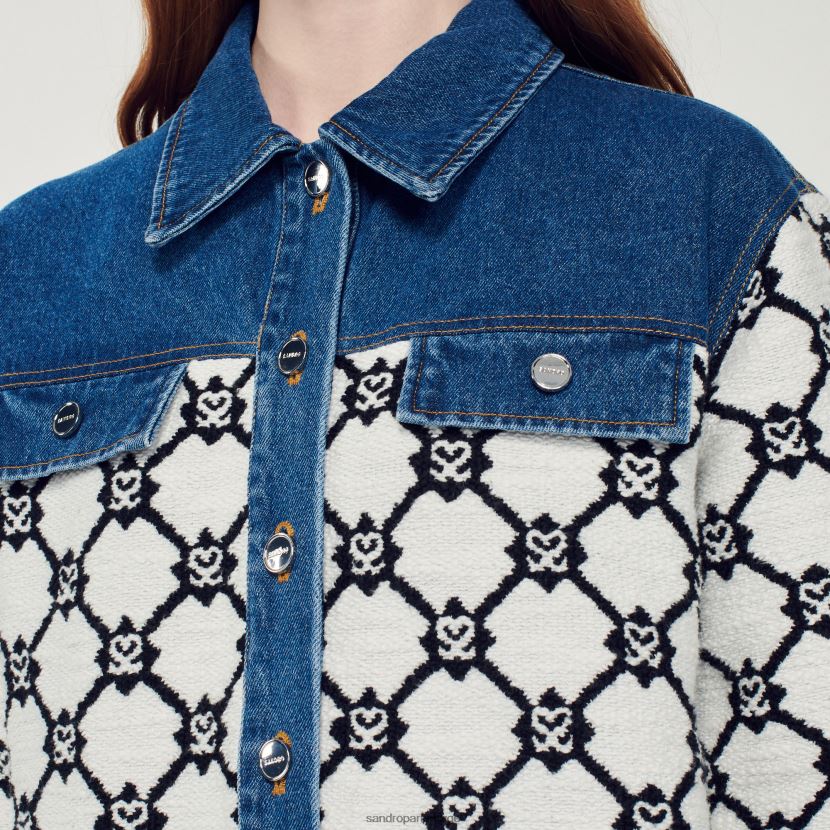 kvinner Sandro Paris blå/hvit strikk og denim coatigan klær 6FN4LH294