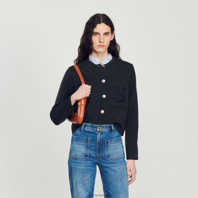 kvinner Sandro Paris koksgrå strikket cardigan med brodert lomme klær 6FN4LH119