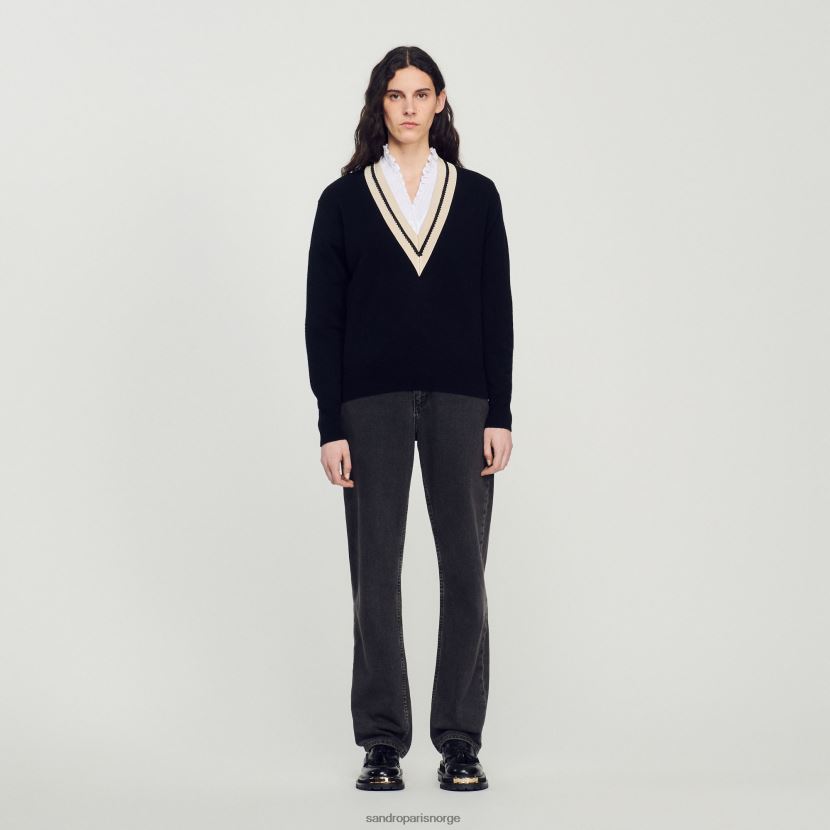 kvinner Sandro Paris svart genser med kontrasterende v-hals klær 6FN4LH89