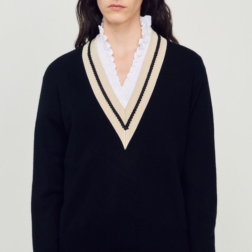 kvinner Sandro Paris svart genser med kontrasterende v-hals klær 6FN4LH89