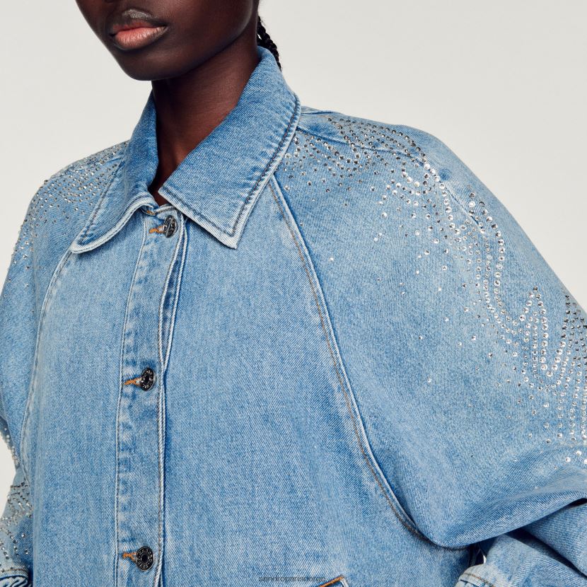 kvinner Sandro Paris blå jeans rhinestone denimjakke klær 6FN4LH203