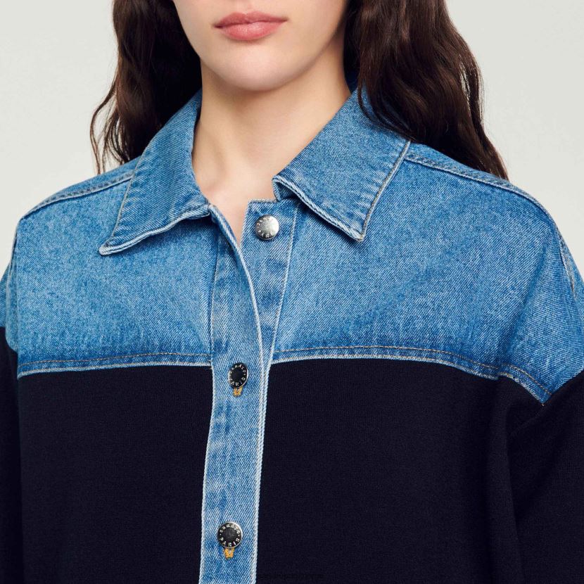 kvinner Sandro Paris dyp marine cardi-coat i to materialer i jakkestil klær 6FN4LH193