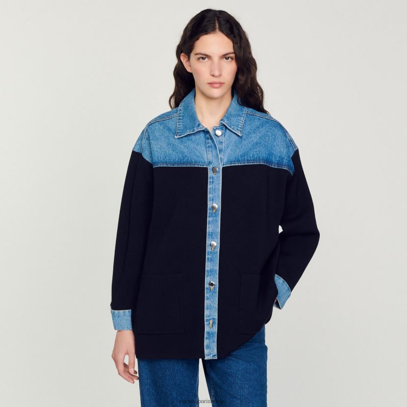 kvinner Sandro Paris dyp marine cardi-coat i to materialer i jakkestil klær 6FN4LH193