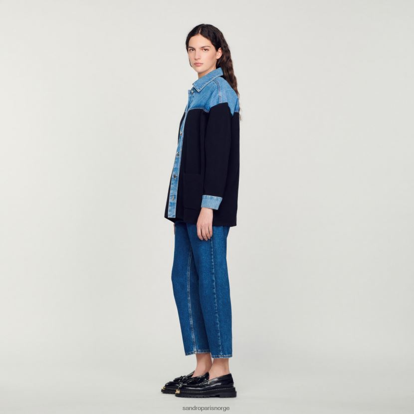 kvinner Sandro Paris dyp marine cardi-coat i to materialer i jakkestil klær 6FN4LH193
