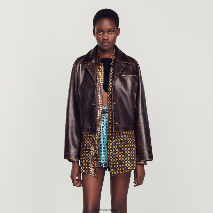 kvinner Sandro Paris svart brun distressed skinnjakke klær 6FN4LH129