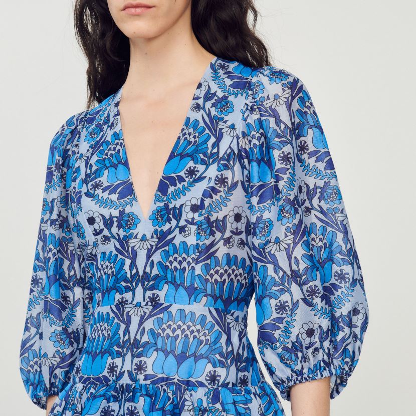 kvinner Sandro Paris blå kort kjole med skjerftrykk klær 6FN4LH422