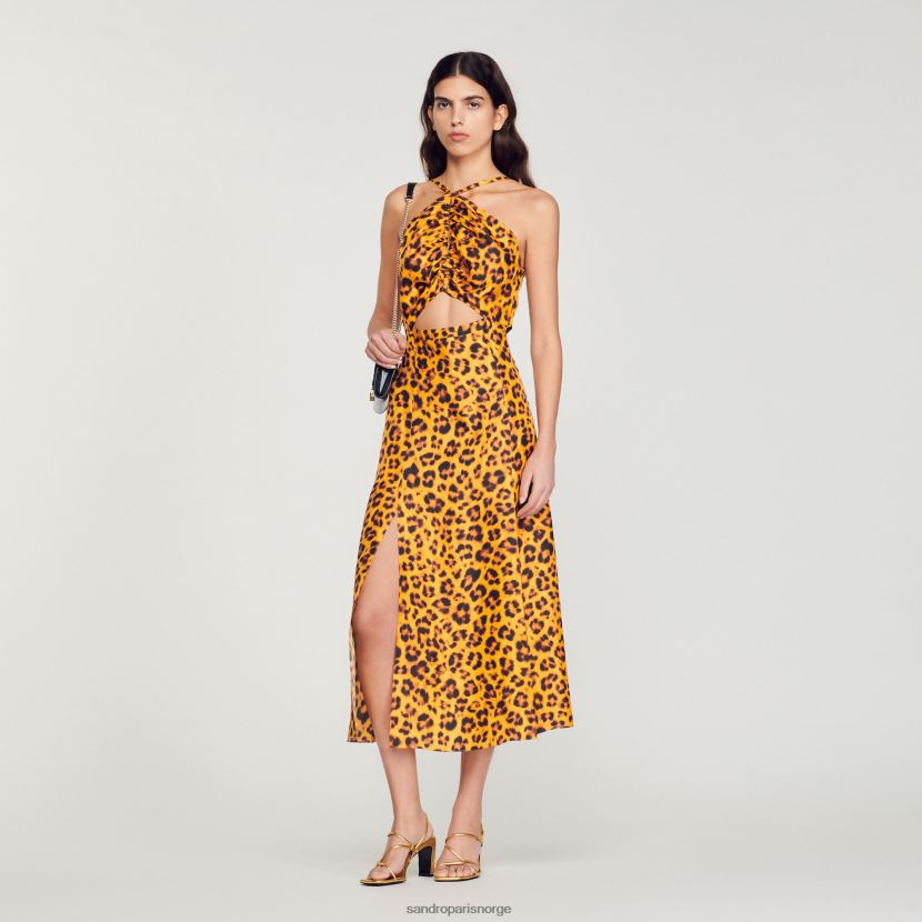 kvinner Sandro Paris oransje/svart lang kjole med leopardmønster klær 6FN4LH309