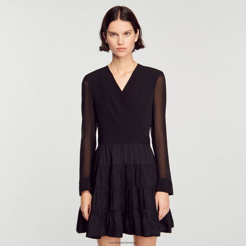 kvinner Sandro Paris svart kort flytende kjole i to stoff klær 6FN4LH136