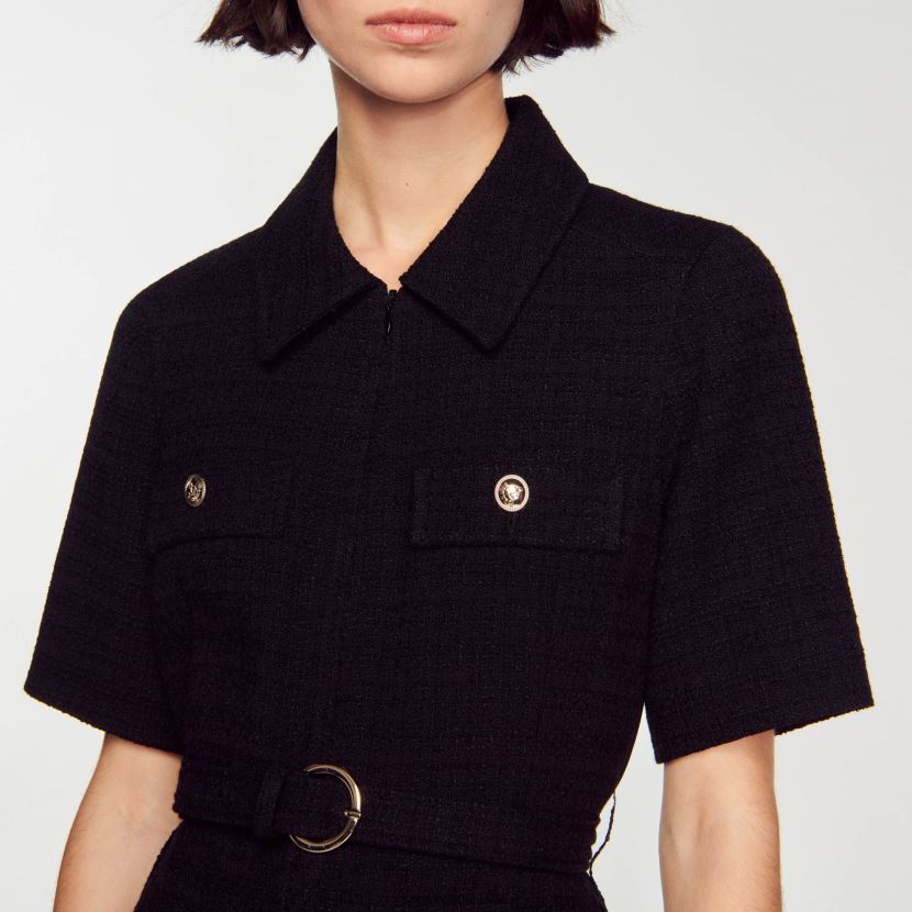 kvinner Sandro Paris svart kortermet kjole i to materialer klær 6FN4LH157