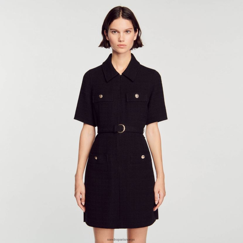 kvinner Sandro Paris svart kortermet kjole i to materialer klær 6FN4LH157
