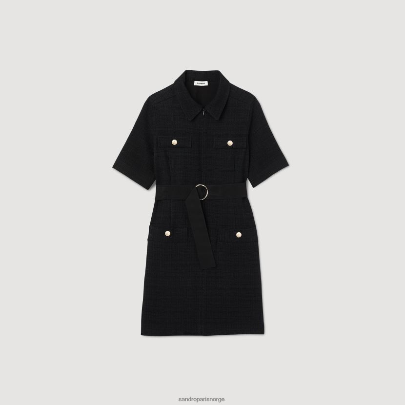kvinner Sandro Paris svart kortermet kjole i to materialer klær 6FN4LH157