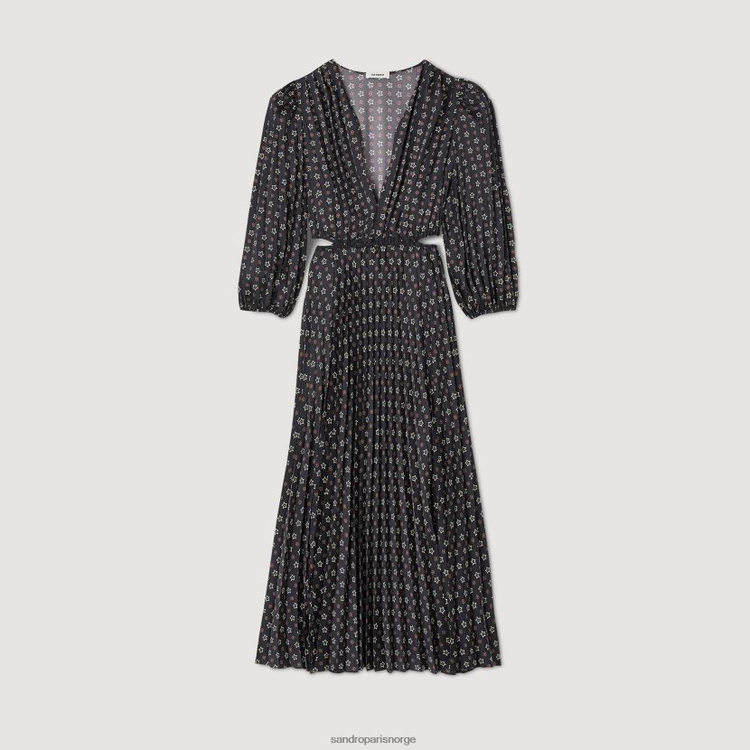 kvinner Sandro Paris svart, rød lang trykket kjole med folder klær 6FN4LH16