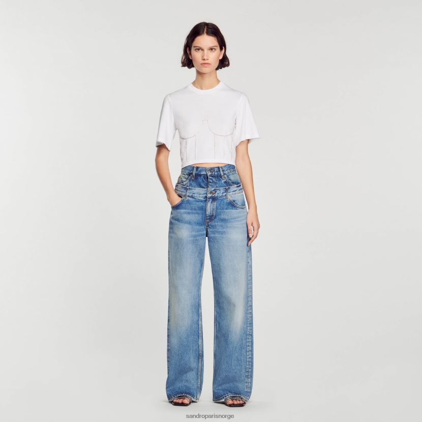 kvinner Sandro Paris hvit t-skjorte med rhinestone bustier design klær 6FN4LH39