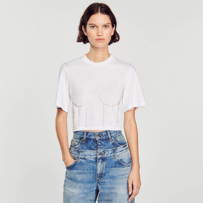kvinner Sandro Paris hvit t-skjorte med rhinestone bustier design klær 6FN4LH39