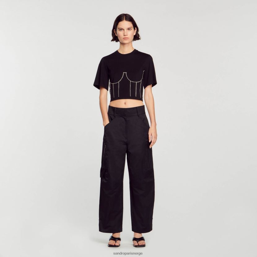 kvinner Sandro Paris svart t-skjorte med rhinestone bustier design klær 6FN4LH30