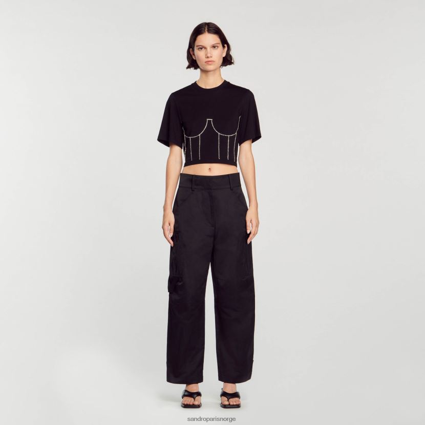 kvinner Sandro Paris svart t-skjorte med rhinestone bustier design klær 6FN4LH30