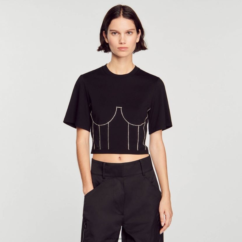 kvinner Sandro Paris svart t-skjorte med rhinestone bustier design klær 6FN4LH30