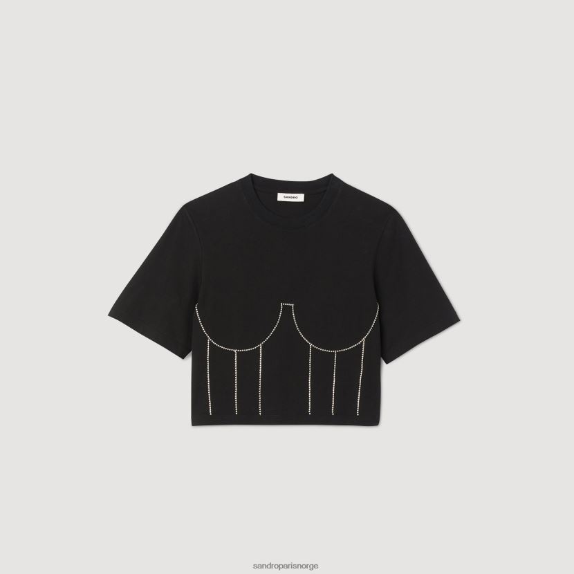 kvinner Sandro Paris svart t-skjorte med rhinestone bustier design klær 6FN4LH30