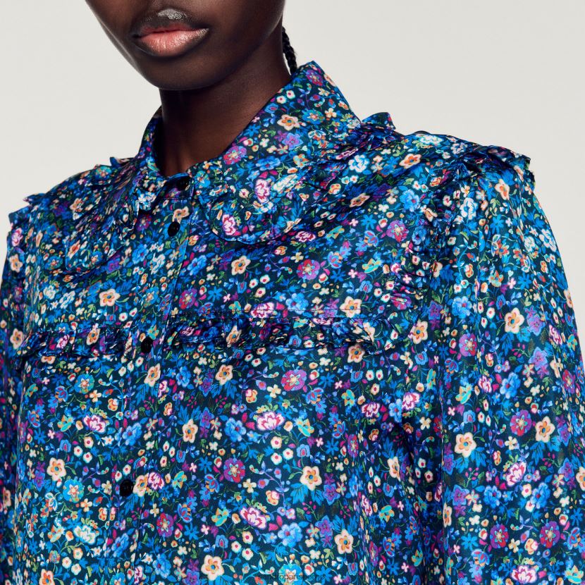 kvinner Sandro Paris blå/lilla blomstret silkeskjorte klær 6FN4LH291