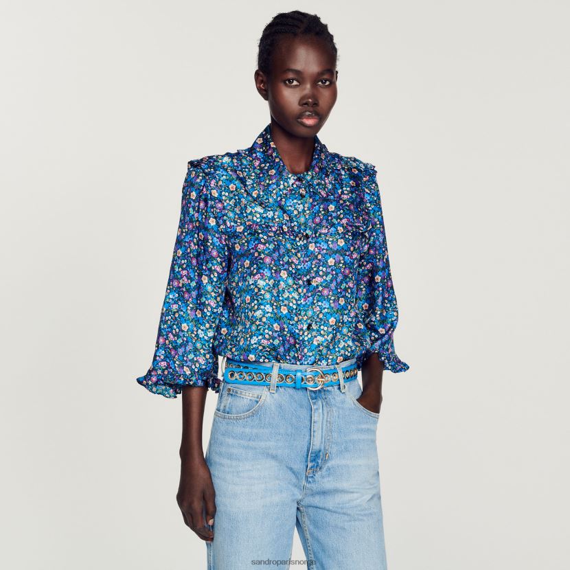 kvinner Sandro Paris blå/lilla blomstret silkeskjorte klær 6FN4LH291