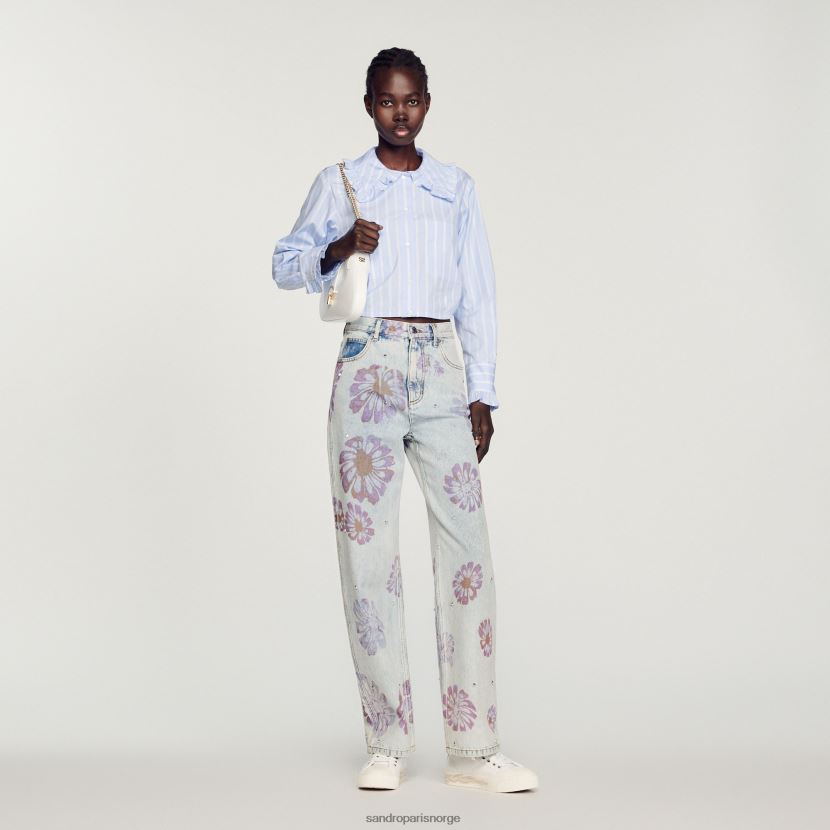 kvinner Sandro Paris hvit/blå cropped skjorte med stor krage klær 6FN4LH315