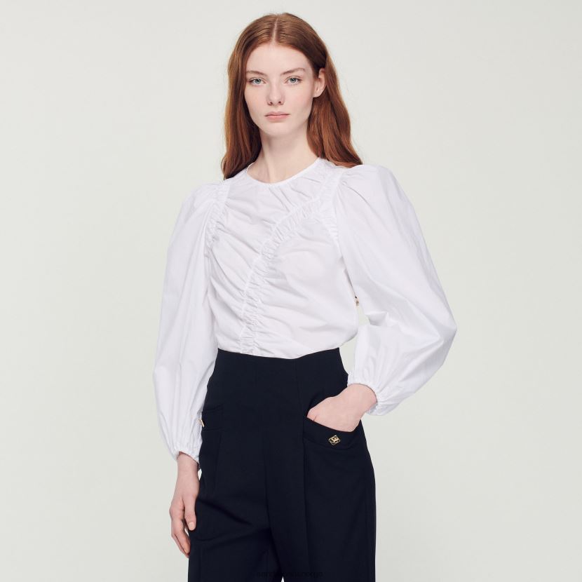 kvinner Sandro Paris hvit samlet poplin topp klær 6FN4LH410