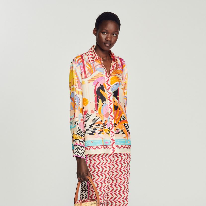 kvinner Sandro Paris oransje/rosa silkeskjorte med trykk klær 6FN4LH188