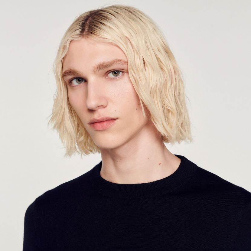 menn Sandro Paris marineblå finstrikket ullgenser klær 6FN4LH636