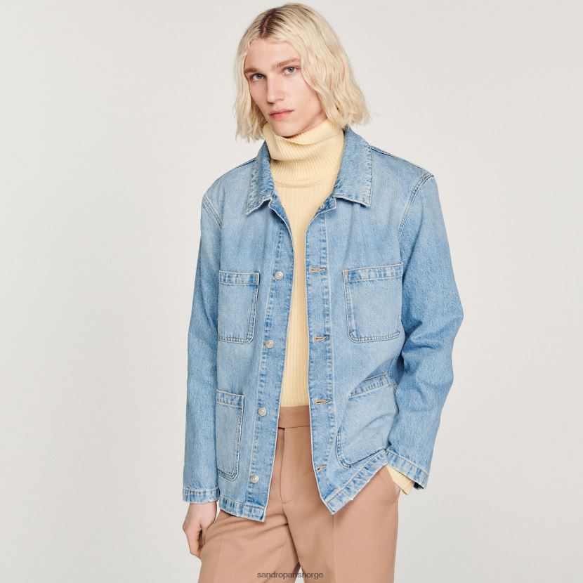 menn Sandro Paris lyseblå vintage denim arbeidsjakke klær 6FN4LH743