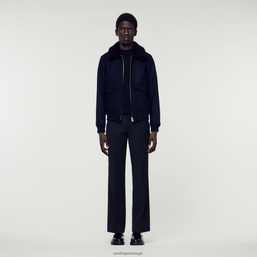 menn Sandro Paris marineblå flygerjakke med saueskinnskrage klær 6FN4LH680