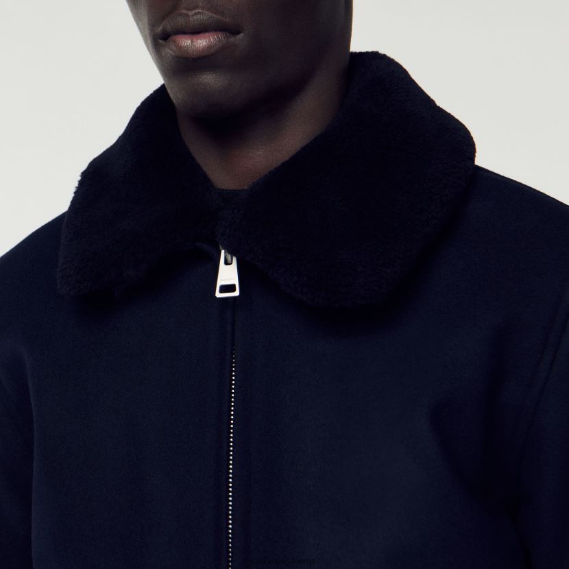 menn Sandro Paris marineblå flygerjakke med saueskinnskrage klær 6FN4LH680