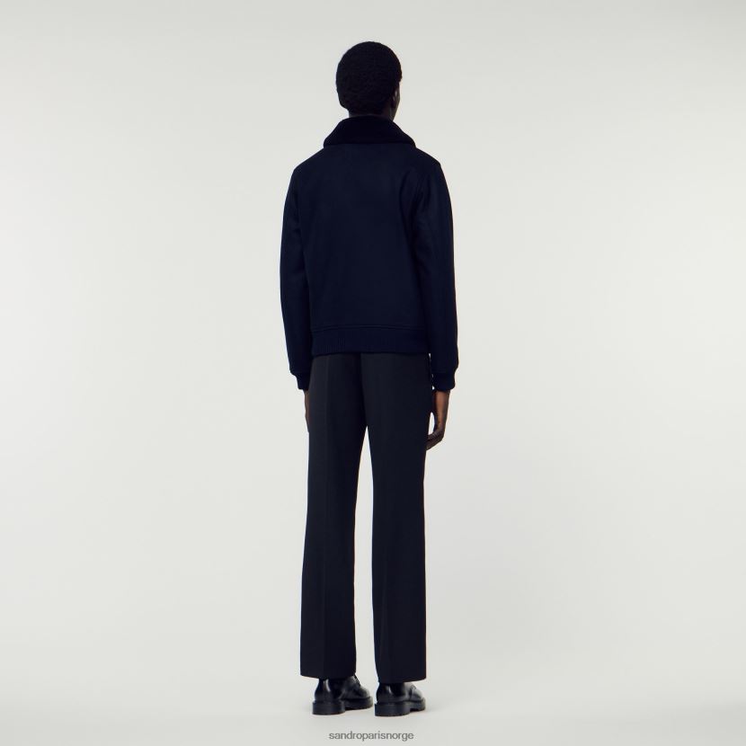 menn Sandro Paris marineblå flygerjakke med saueskinnskrage klær 6FN4LH680