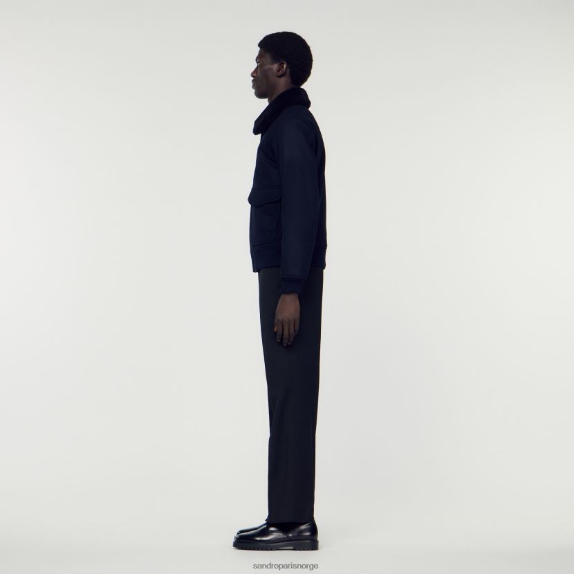 menn Sandro Paris marineblå flygerjakke med saueskinnskrage klær 6FN4LH680