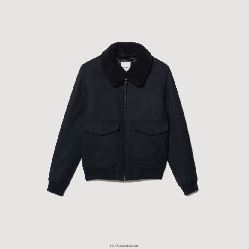 menn Sandro Paris marineblå flygerjakke med saueskinnskrage klær 6FN4LH680