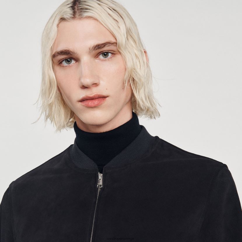 menn Sandro Paris marineblå semsket skinnjakke klær 6FN4LH622