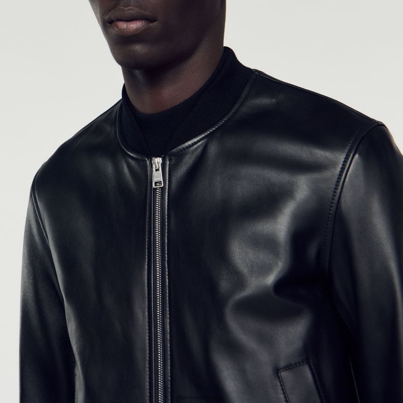 menn Sandro Paris svart varsityjakke i glatt skinn klær 6FN4LH664