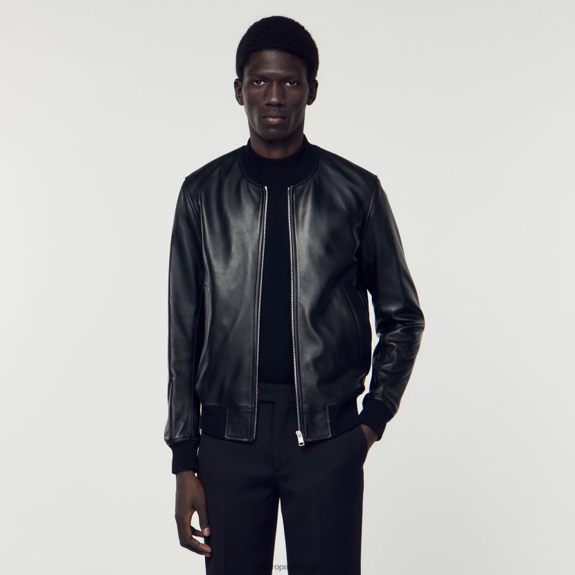 menn Sandro Paris svart varsityjakke i glatt skinn klær 6FN4LH664