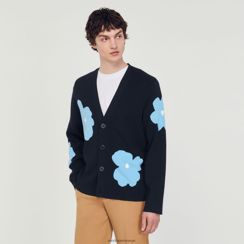 menn Sandro Paris marineblå strikket cardigan med blomstermotiver klær 6FN4LH695