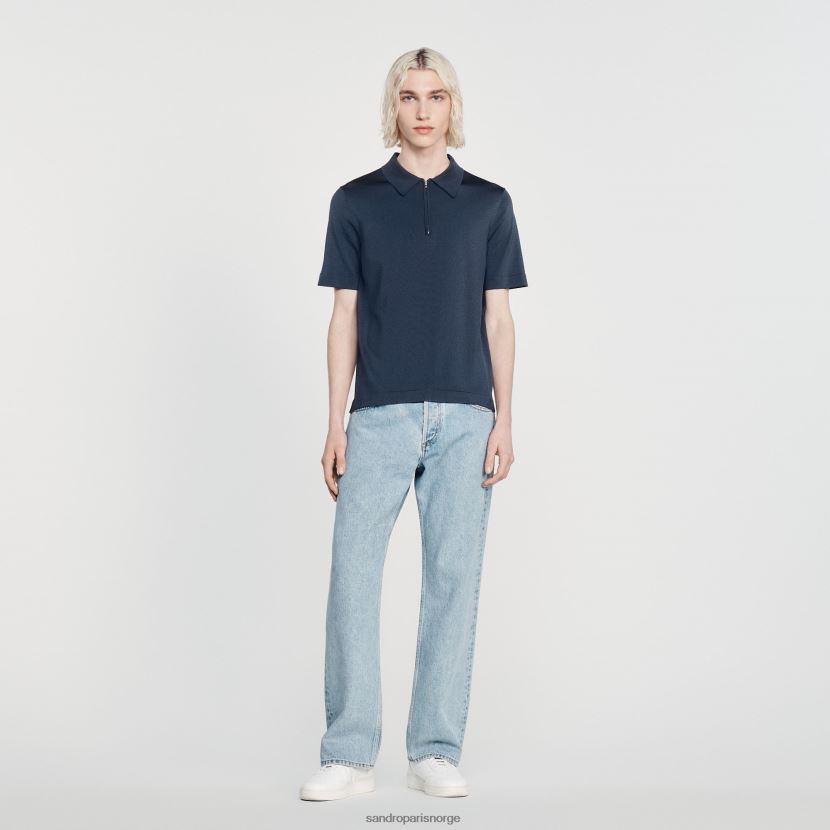 menn Sandro Paris blå strikket poloskjorte med glidelåskrage klær 6FN4LH630