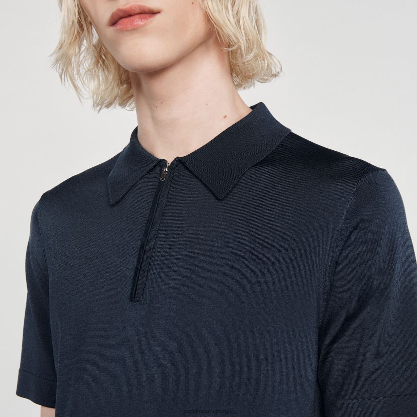 menn Sandro Paris blå strikket poloskjorte med glidelåskrage klær 6FN4LH630