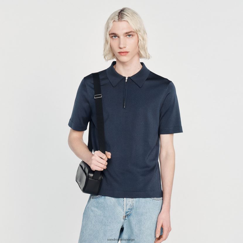 menn Sandro Paris blå strikket poloskjorte med glidelåskrage klær 6FN4LH630