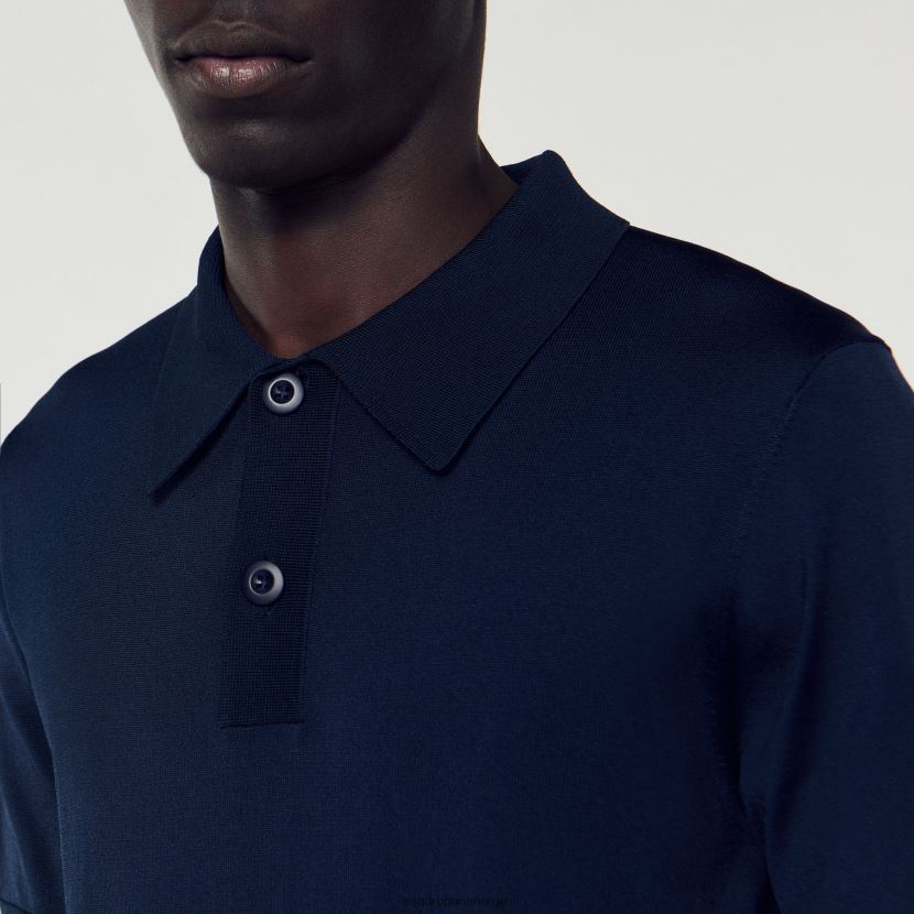 menn Sandro Paris marineblå kortermet strikket poloskjorte klær 6FN4LH715