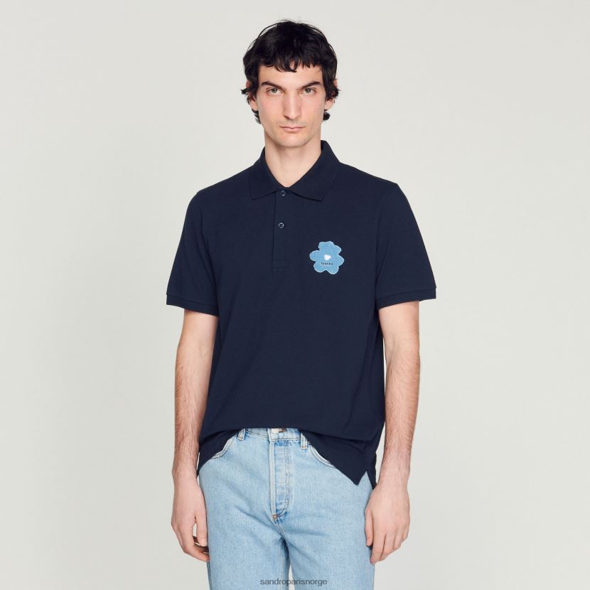 menn Sandro Paris marineblå poloskjorte med blomsterbroderi klær 6FN4LH726