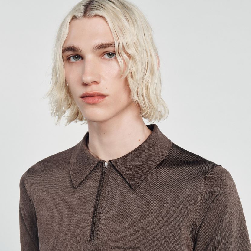 menn Sandro Paris taupe strikket poloskjorte med glidelåskrage klær 6FN4LH631
